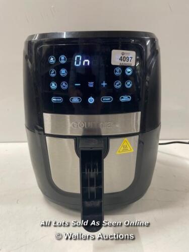 *GOURMIA 5.7L DIGITAL AIR FRYER WITH 12 ONE TOUCH COOKING FUNCTIONS / POWERS UP / SIGNS OF USE / MISSING INNER TRAY / DAMAGED HANDLE
