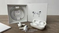 *APPLE AIRPODS PRO / WITH CHARGING POD / POWERS UP, CONNECTS TO BLUETOOTH, PLAYS MUSIC / LIMITED WARRANTY EXPIRES: 17TH MARCH 22 / WITH BOX & CABLE