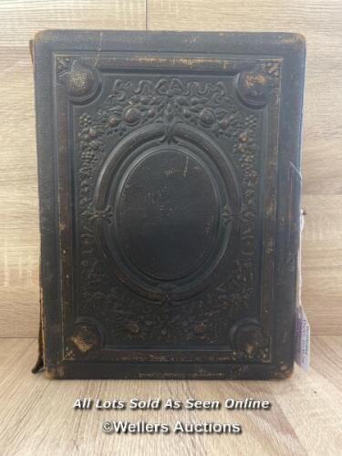 VICTORIAN LEATHER BOUND PHOTO ALBUM WITH BRASS CLASP, CONTAINING APPROX 150 PHOTOS, 22 X 29.5 X 7CM