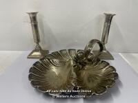 ANTIQUE SILVER PLATE TRIPPLE DISH DECORATED WITH A FISH, 26 X 26.5 CM, WITH TWO WHITE METAL CANDLE HOLDERS, 17CM HIGH