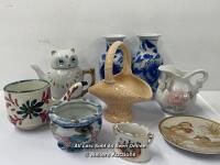 ASSORTED CROCKERY INCLUDING BLUE & WHITE VASES, DECORATIVE OWL SHAPED TEA POT AND LONG HANDLED CUP (9)