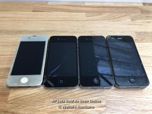 *X4 APPLE IPHONES 4S, /S A1387 / I-CLOUD UNLOCKED, BACK/SCREEN DAMAGED AND BLACKLISTED / IMEI: 012940001398869, 013048005197458, 013593001611325 AND 013532004117336 [50-18/10]
