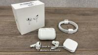 *APPLE AIRPODS PRO / WITH CHARGING POD / MWP22ZM/A / POWERS UP / CONNECTS TO BLUETOOTH / PLAYS MUSIC / VERY GOOD COSMETIC CONDITION / SERIAL NO: GRHDV54T0C6L / WARRANTY EXPIRED