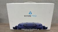 *HTC VIVE PRO / BLUE / STARTER KIT GOOD COSMETIC CONDITION / SIGNS OF USE / UNTESTED DUE TO NOT HAVING A VR COMPATIABLE COMPUTER / COMES WITH VR HEADSET^ X2 POWER ADAPTERS / USB LEAD^ LINK BOX^ DISPLAY PORT CABLE^ X2 BASE STATIONS WITH WALL BRACKETS^ X2 