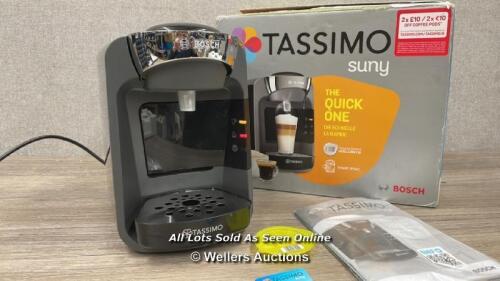 *BOSCH TASSIMO SUNNY ONE TOUCH COFFEE MACHINE / POWERS UP & APPEARS FUNCTIONAL / MINIMAL SIGNS OF USE / WITH BOX
