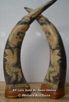 *TWO HANDCARVED BUFFALO HORNS17,5" ON WOODEN BASE WITH DRAGON AND PHOENIX BIRD [LQD215]