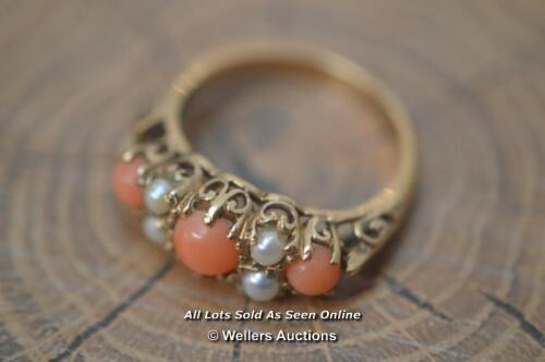 *9CT GOLD VICTORIAN STYLE RING SET WITH CORAL AND PEARLS SIZE K 1/2 [LQD214]