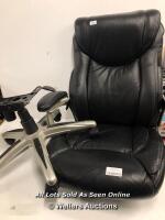 *TRUE INNOVATIONS BLACK LEATHER EXECUTIVE OFFICE CHAIR / SOME LIGHT DAMAGE TO MATERIAL, NO SCREWS