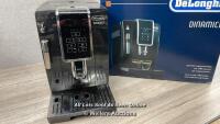 *DELONGHI DINAMICA ECAM350.15 BEAN TO CUP COFFEE MAKER / POWERS UP, APPEARS FUNCTIONAL / NOT FULLY TESTED / USED, BUT SHOULD CLEAN UP NICELY / WITHOUT WATER FILTER / BOXED
