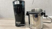 *DELONGHI COFFEE GRINER (POWERS UP & APPEARS FUNCTIONAL) AND GROUNDS BIN