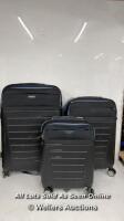 *ROCK HYBRID 3 PC. BLACK HARDSIDE LUGGAE SET / WHEELS, HANDLES AND ZIPPERS IN GOOD CONDITION, SIGNS OF USE