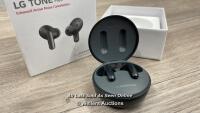 *LG UFP5 WIRELESS EARBUDS / LEFT BUD DOESN'T APPEAR TO WORK / RIGHT POWERS UP AND CONNECT / WITH BOX / WITHOUT CHARGER / MINIMAL SIGNS OF USE