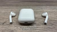 *APPLE AIRPODS 2ND GEN MV7N2ZMA WITH CHARGING CASE / CONNECTS TO BLUETOOTH AND PLAYS MUSIC THROUGH RIGHT POD ONLY / MINIMAL SIGNS OF USE / WITHOUT BOX / WITHOUT CHARGER / SERIAL AND WARRANTY INFO IN PICS