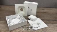 *APPLE AIRPODS 3RD GEN WITH MAGSAFE CHARGING CASE (MME73ZM/A) / CONNECTS TO BLUETOOTH AND PLAYS MUSIC / APPEARS UNUSED / WITH BOX / WITH CHARGER / SERIAL AND WARRANTY INFO IN PICS