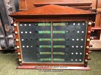 LIFE POOL SCOREBOARD IN GLASS UNIT WITH RAISED PEDIMENT, WITH WOODEN ROLLERS AND HANDLES, APPROX. 63CM (W) X 53CM (H) X 10CM (D)