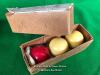 BURROUGHES AND WATTS CRYSTALATE BILLIARD BALLS, TWO WHITE AND ONE RED, SIZE 2 1/16 INCHES - 2