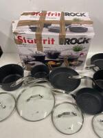 *THE ROCK COOKWARE 10PC. COOKWARE SET / SIGNS OF USE, SOME PANS OUT OF SHAPE