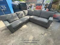 *TRUE INNOVATIONS ELLEN DARK GREY FABRIC CORNER SOFA / IN USED CONDITION / SOME SMALL RIPS / MISSING FOUR FEET