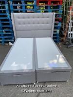 *SILENT NIGHT GREY UPHOLSTERED KING SIZE BED WITH GAS LIFT UNDERBED STORAGE / SOME MINOR SIGNS OF USE / WILL NEED FITTINGS FOR ATTACHING HEAD BOARD