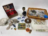 ASSORTED BRIC-A-BRAC INCLUDING GLASS FIGURINES, BADGES AND JEWELLERY BOX