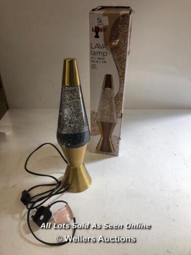 *LAVA LAMP LARGE TABLE LAMP, BRUSHED / SIGNS OF USE / MISSING BULB