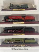 FOUR COLLECTABLE MODEL LOCOMITIVES INCLUDING THE CRAMPTON, DUCHESS LMS, DB 01 CLASS AND PLM MOUNTAIN CLASS. ALL IN POLYSTYRENE BOXES WITH CLEAR PLASTIC SLEAVES