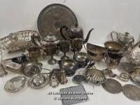 LARGE QAUNTITY OF PLATED METAL WARE INCLUDING TEA POTS, COFFEE POT, SERVING DISHES, GOBLETS AND BRUSHES