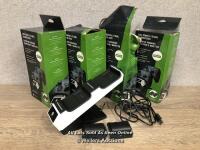 *4X NUMSKULL XBOX SERIES X/S DUAL CHARGING DOCK / SIGNS OF USE, WITH CHARGING CABLES, 1X WITH DAMAGED BATTERY