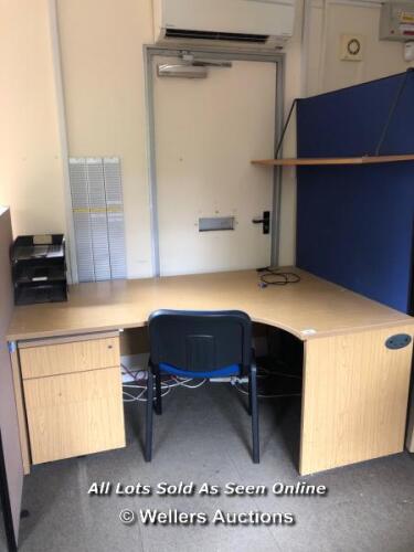 OFFICE DESK CUBICLE, INCLUDES 3X DRAWER STORAGE UNIT, ORGANISERS, SEPARATOR WITH SHELF AND CHAIR, DESK 71CM (H) X 180CM (W) X 80CM (D), BUYER MUST TAKE ALL