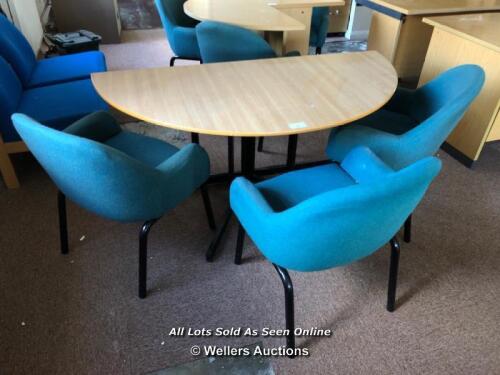 3 SEATER SEMI-CIRCULAR OFFICE DESK AND 3X TEAL FABRIC CHAIRS, DESK MEASURES APPROX. 150CM (W) X 65CM (D) X 72CM (H), CHAIRS APPROX. 60CM (W) X 55CM (D) X 80CM (H)