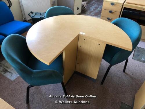 3 SEATER CIRCULAR OFFICE DESK AND 3X TEAL FABRIC CHAIRS, DESK MEASURES APPROX. 125CM IN DIAMETER X 75CM (H), CHAIRS APPROX. 60CM (W) X 55CM (D) X 80CM (H)