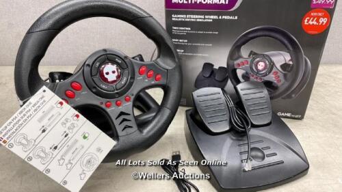 *GAMEWARE STEERING WHEEL AND PEDALS FOR PS3 & PS4, XBOX AND PC / APPEARS NEW, OPEN BOX