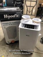 *WOOD'S MILAN 9K BTU PORTABLE AIR CONDITIONER WITH REMOTE CONTROL / POWERS UP AND APPEARS FUNCTIONAL, NO REMOTE, SEE IMAGES FOR CONTENTS