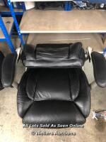 *TRUE INNOVATIONS BLACK LEATHER EXECUTIVE OFFICE CHAIR / FOR SPARES AND REPAIRS, REQUIRES NEW SCREWS, BACKREST DAMAGED
