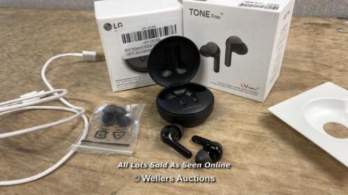 *LG UFP5 WIRELESS EARBUDS / MINIMAL SIGNS OF USE / CONNECTS TO BLUETOOTH & PLAYS MUSIC / NO SOUND FROM LEFT POD