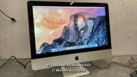 *APPLE IMAC 21.5 / A1311 / MC812 / INTEL CORE I5-2500S CPU @ 2.70GHZ / 8GB / 256GB / OS X / AMD RADEON HD 6770M / SERIAL NO. C02FGC8SDHJN / APPEARS IN VERY GOOD CONDTION / POWER UP & APPEARS FUNCTION / WITH MAINS CABLE / WITHOUT KEYBOARD OR MOUSE / COMES 