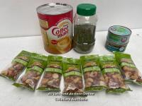 *BOX OF ASSORTED FOOD ITEMS INC. NUTS TUNA AND DRIED HERBS