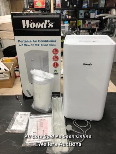 *WOOD'S MILAN 9K BTU PORTABLE AIR CONDITIONER WITH REMOTE CONTROL / POWERS UP/MINIMAL SIGNS OF USE/FITTINGS AND REMOTE [3117]