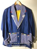 *VINTAGE COSTUME, BLUE JACKET WITH STRIPED TRIM AND BUTTONS, SIZE UNKNOWN