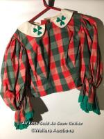 *VINTAGE COSTUME WITH GREEN AND RED SQUARE PATTERN, CLOVERS ON FRONT AND BACK OF NECK TRIM