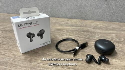 *LG UFP5 WIRELESS EARBUDS / CONNECTS TO BLUETOOTH / PLAYS MUSIC THROUGH BOTH EAR PODS / MINIMAL SIGNS OF USE / WITH BOX / WITH CHARGING CABLE