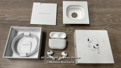 *APPLE AIRPODS 3RD GEN WITH MAGSAFE CHARGING CASE (MME73ZM/A) / APPEARS NEW OPEN BOX / CONNECTS TO BLUETOOTH / PLAYS MUSIC THROUGH BOTH EAR PODS / WITH BOX / WITH CHARGING CABLE