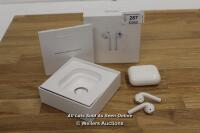 *APPLE AIRPODS 2ND GEN MV7N2ZMA WITH CHARGING CASE / CONNECTS TO BLUETOOTH BUT ONLY PLAYS SOUND THOUGH THE RIGHT AIRPOD [2968]