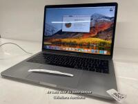 *APPLE MACBOOK PRO / MPXQ2LL/A / MID-2017 / INTEL CORE I5-7360U 2.3GHZ / 8GB / 256GB SSD / SN: C02WJ3J7HV9 / POWERS UP - NOT FULLY TESTED / SHOWING SIGNS OF USE, SOME SCRATCHTES AND DISCOLOUR TO THE CASE, SCREEN IS IN GOOD COSMETIC CONDITION / INCLUDES CH