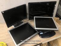 4X ASSORTED HP MONITORS ALL POWER UP EXCEPT FOR 1X, SOME DAMAGE PRESENT, WITHOUT CABLES