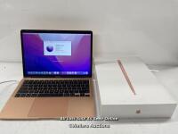 *APPLE M1 MACBOOK AIR 2020 / APPLE M1 / 8GB / 256GB SSD / ROSE GOLD / SN: FVFGPP8VQ6LC / POWERS UP AND APPEARS FUNCTIONAL / VERY MINOR SIGNS OF USE / VERY GOOD COSMETIC CONDITION / INCLUDES CHARGING CABLE, U.S. PLUG AND ORIGINAL BOX