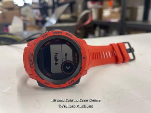 *GARMIN INSTINCT SOLAR FLAME RED GPS WATCH / POWERS UP / MINIMAL SIGNS OF USE / INCLUDES CHARGING CABLE