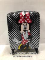 *AMERICAN TOURISTER DISNEY CARRY ON HARDSIDE SPINNER CASE / ZIPPERS WHEELS AND HANDLE IN GOOD CONDITION, LOCK BUTTON SLIGHTLY DAMAGED, COMBINATION UNLOCKED, MINIMAL SIGNS OF USE