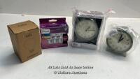 *BOX OF: ACCTIM ROUND ANALOGUE ALARM CLOCK, [001_020822] / TALA SPHERE II 6W E27 LED DIM TO WARM [001_020822] / ACCTIM ROUND ANALOGUE ALARM CLOCK, [001_020822] / PHILIPS 4.6W GU10 LED NON DIMMABLE LIGHTS [] /