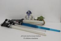 FIVE TOY LIGHTSABERS R2-D2 TOY - 20CM HIGH, YODA CUP TOP AND STORMTROOPER LIGHT